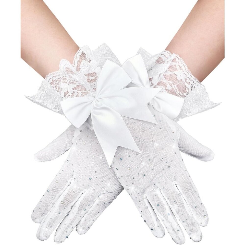 Women's Evening Rhinestones White Short Lace Bow Gloves Accessories Halloween